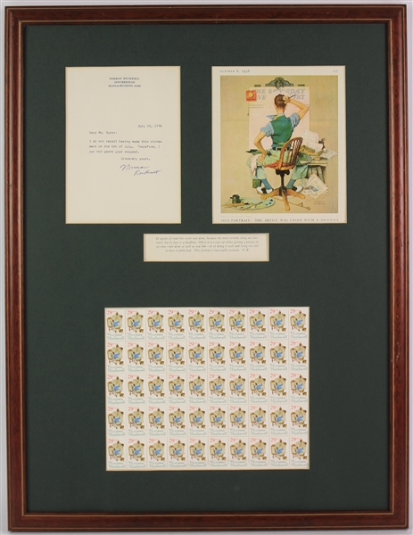 1976 Norman Rockwell Signed Letter w/ Self-Portrait & Commemorative Stamps in a 20x26 Frame (JSA)