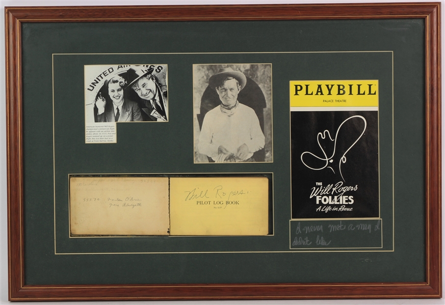 Will Rogers Signed Pilot Log Book w/ Will Rogers Follies Playbill & Photo w/ 17x25 Frame (JSA)