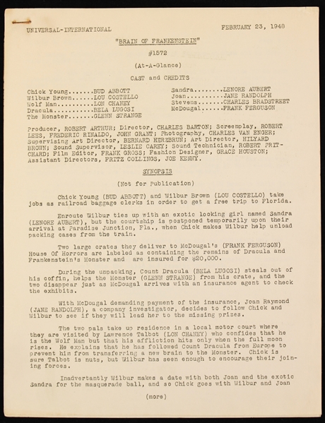1948 Abbott and Costello & Bela Lugosi "Brain of Frankenstein" Original Vintage Script Synopsis 