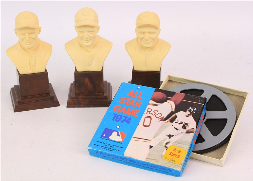 1963-74 Baseball Hall of Fame Player Busts & 1974 All Star Game Film Reel - Lot of 4 w/ Walter Johnson, George Sisler & Joe Cronin
