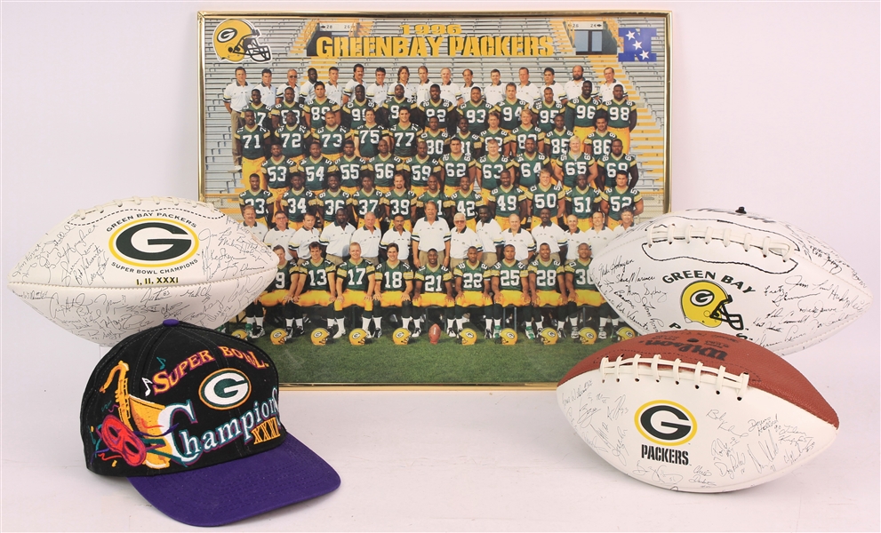 1996 Green Bay Packers Super Bowl XXXI Champions Memorabilia - Lot of 5 w/ Hat, 16" x 20" Framed Photo & Facsimile Signed Footballs