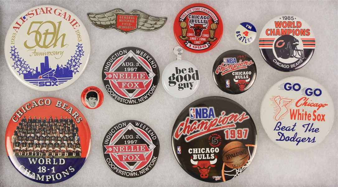 1960s-90s Chicago White Sox Bears Bulls Pinback Button Collection - Lot of 13