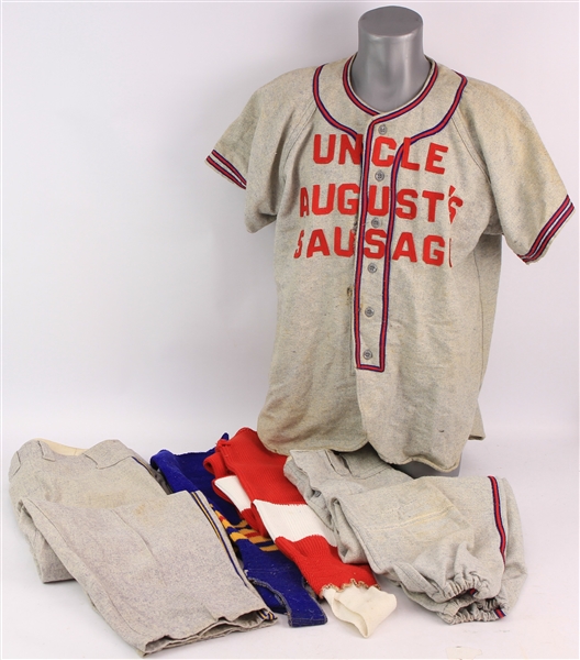 1950s Game Worn Baseball Uniform Items - Lot of 5 w/ Jersey, Pants & Stirrups (MEARS LOA)