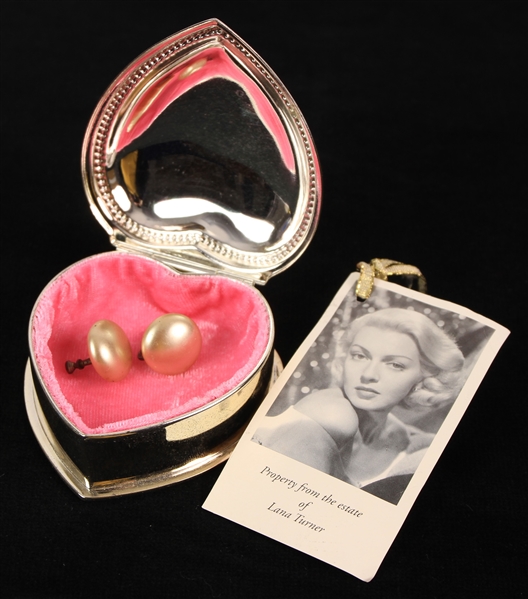 1950s Lana Turner Faux Pearl Earrings From Personal Collection w/ Heart Shaped Box (MEARS LOA/Turner Estate)