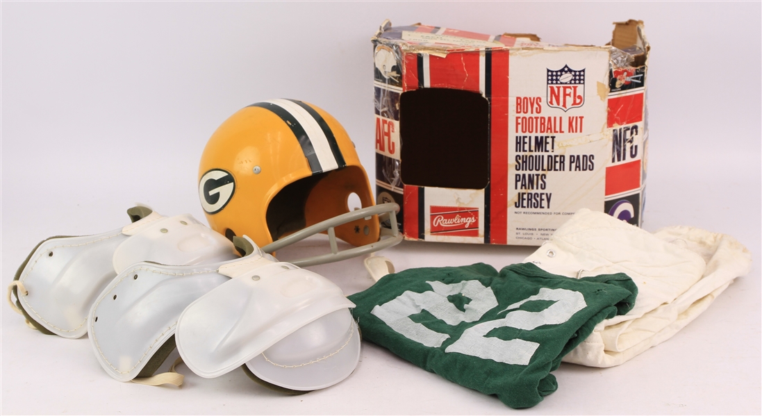 1970s Green Bay Packers Rawlings Boys Football Kit w/ Jersey, Pants, Helmet, Shoulder Pads & Original Box