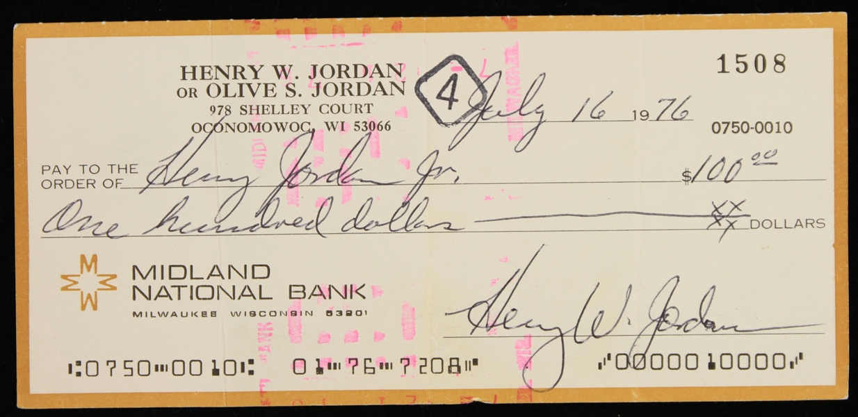 1976 Henry Jordan Green Bay Packers Signed Personal Check (JSA)