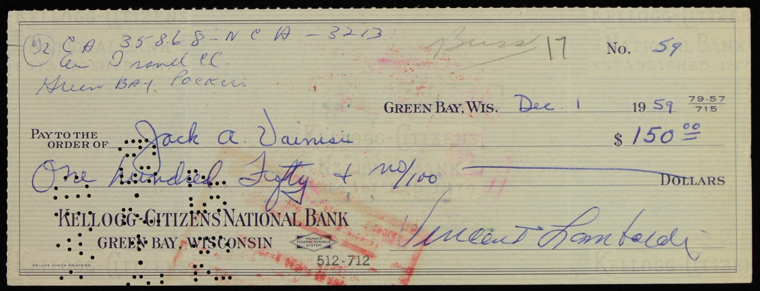 1959 Vince Lombardi Green Bay Packers Signed Check (JSA)