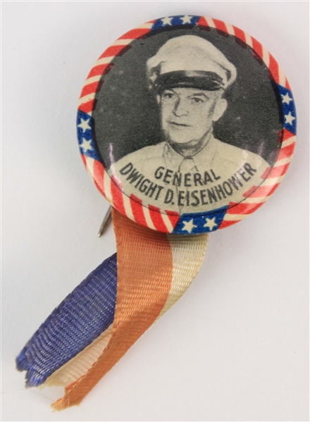 1940s General Dwight D. Eisenhower 1.125" Pinback Button w/ Red, White & Blue Ribbon