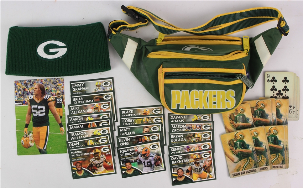 1970s-2010s Green Bay Packers Memorabilia Collection - Lot of 22 w/ Fanny Pack, Head Band, Trading Cards & More