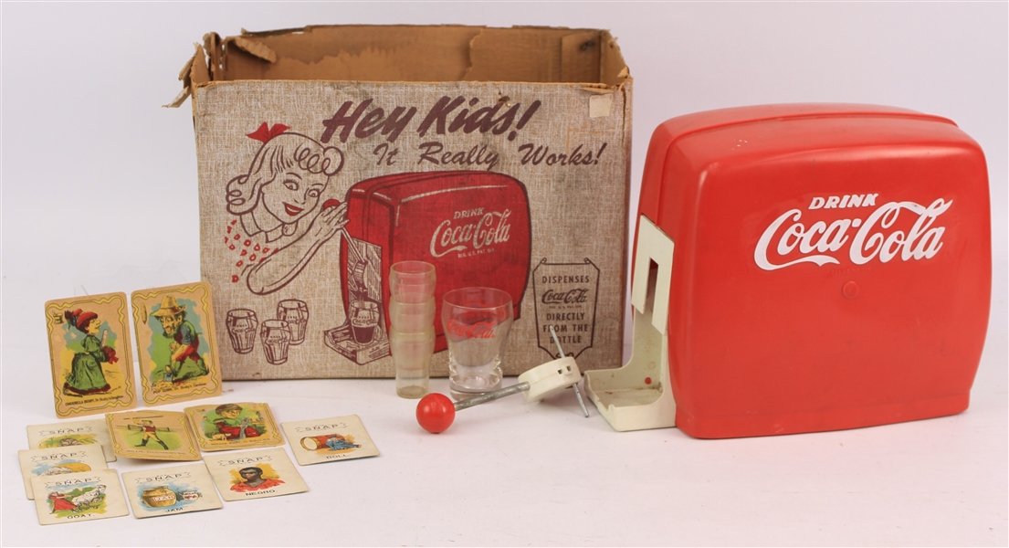1950s Coca Cola Toy Soda Fountain Dispenser w/ Original Box & Four Miniature Glasses plus Americana Cards