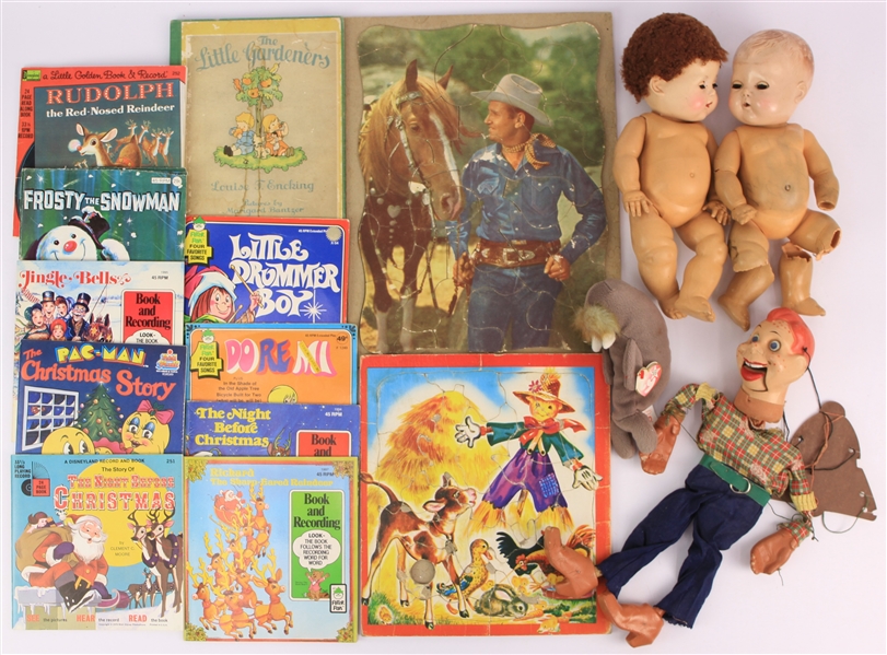 1950s-90s Vintage Toy Collection - Lot of 17 w/ Books, Records, Puzzles, Howdy Doody Marionette & More