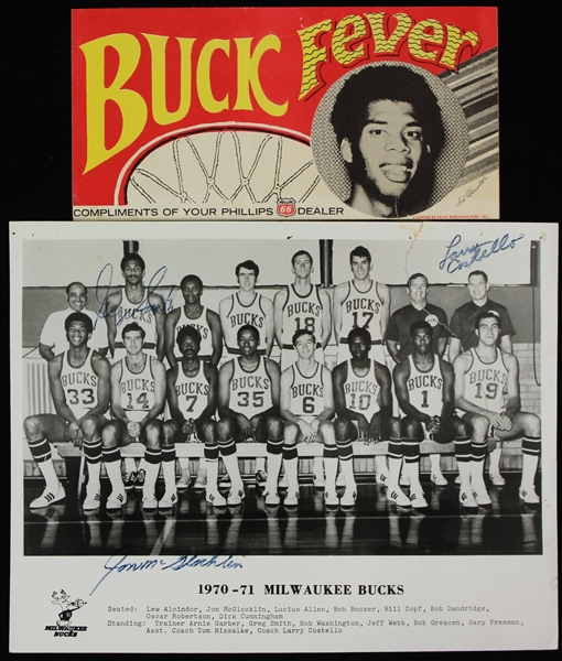 1970-71 Milwaukee Bucks Memorabilia - Lot of 2 w/ Lew Alcindor Buck Fever Bumper Sticker & Multi Signed Team Photo (JSA)