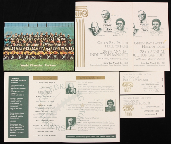 1965-98 Green Bay Packers Memorabilia - Lot of 6 w/ 6" x 8.5" World Champion Team Photo Postcard, Hall of Fame Induction Banquet Programs & Tickets