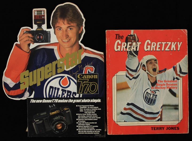 1980s Wayne Gretzky Edmonton Oilers Memorabilia - Lot of 2 w/ Canon Cameras Advertising Display & The Great Gretzky Book