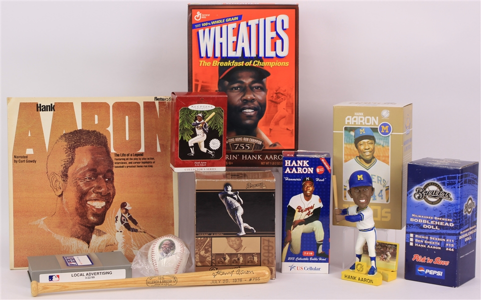 1960s-2000s Hank Aaron Milwaukee / Atlanta / Brewers / Braves Memorabilia Collection - Lot of 24 w/ MIB Bobbleheads, 1975 All Star Game Program, HR #755 Mini Bat & More