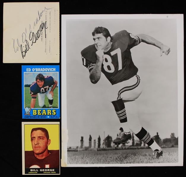 1971 Bill George Ed OBradovich Chicago Bears Memorabilia - Lot of 4 w/ Trading Cards, Photo & Signed Ticket Stub (JSA)