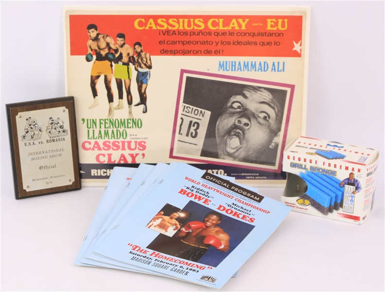 1960s-90s Boxing Memorabilia Collection - Lot of 24 w/ Cassius Clay Spanish Language Movie Poster, Superman vs Muhammad Ali Comic Book, Mike Tyson Birthday Invitation & More