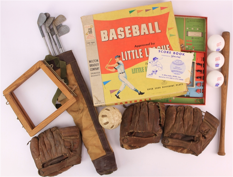 1940s-80s Vintage Sports Memorabilia Collection - Lot of 12 w/ Ted Williams Wilson Store Model Mitts, Packer in Action Prints & More