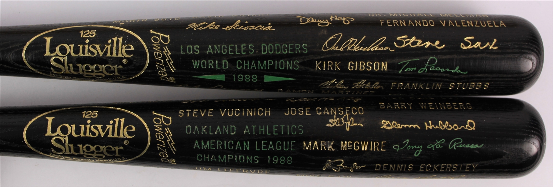 1988 Los Angeles Dodgers Oakland Athletics World / American League Champion Louisville Slugger Commemorative Black Bats - Lot of 2 (MEARS LOA)
