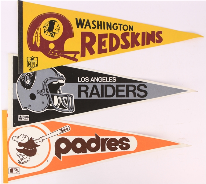 1970s-90s Football & Baseball Full Size 29" Pennant Collection - Lot of 5 w/ Washington Redskins, Los Angeles Raiders, San Diego Padres & More