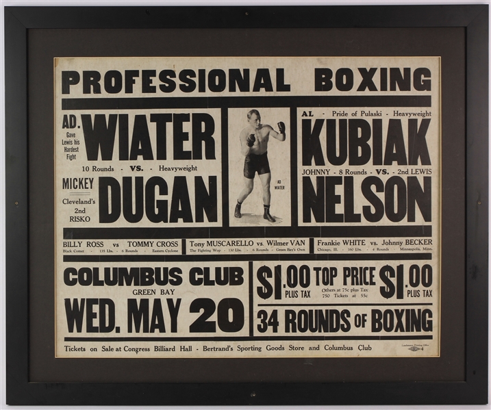 1936 Adolph Wiater Mickey Dugan 29" x 35" Framed Professional Boxing Broadside