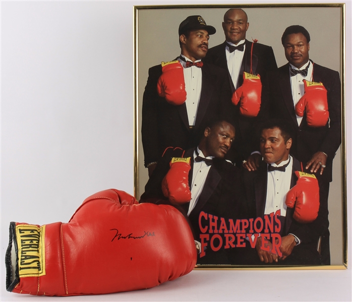 1989 Muhammad Ali World Heavyweight Champion Signed Everlast Boxing Glove w/ 16" x 20" Framed Champions Forever Poster