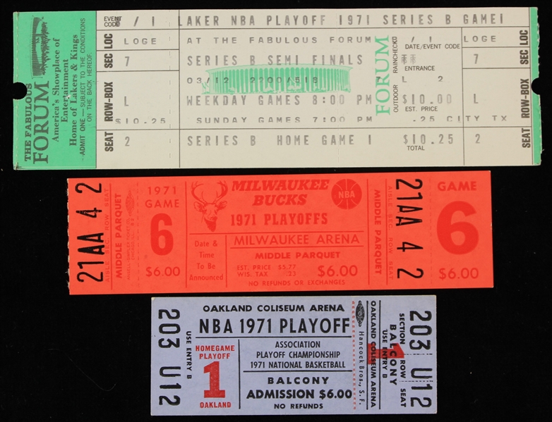 1971 NBA Playoff Tickets - Lot of 3 w/ Los Angeles Lakers, Milwaukee Bucks & Golden State Warriors