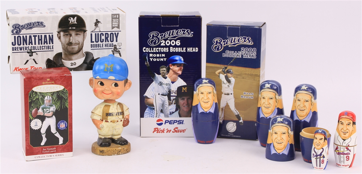 1970-2000s Milwaukee Brewers Bobblehead & Nesting Doll Collection - Lot of 9 w/ Robin Yount, Bob Uecker, Ryan Braun & More