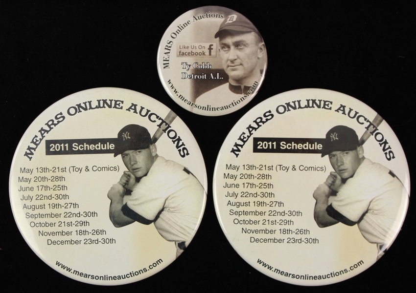 2010s Mickey Mantle Ty Cobb MEARS Online Auctions Pinback Buttons - Lot of 3