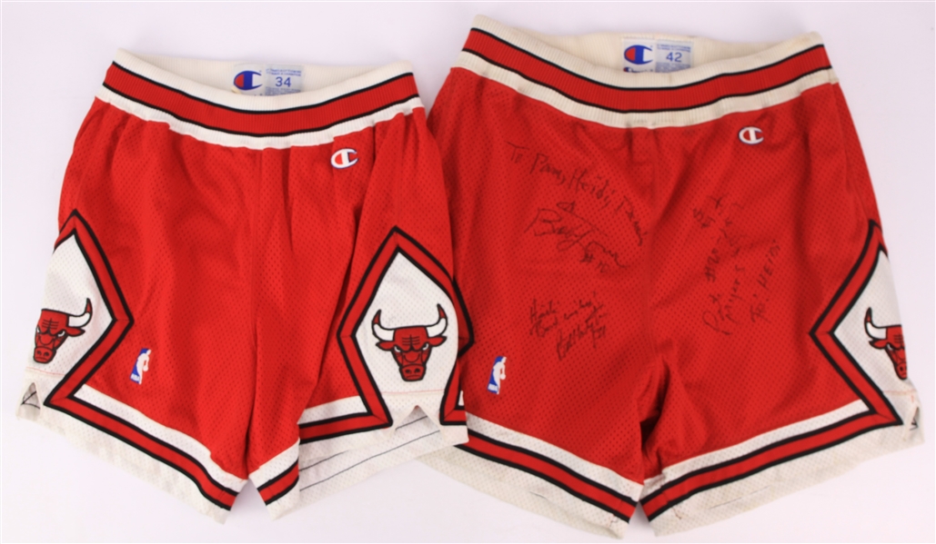 1990s Chicago Bulls Road Uniform Shorts - Lot of 2 w/ 1 Signed by Bob Love, Bill Wennington, Pete Myers and Corie Blount (MEARS LOA/JSA)