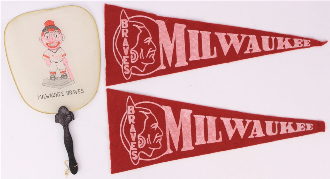 1953-65 Milwaukee Braves Memorabilia - Lot of 3 w/ 17" Felt Pennants & Silk Fan