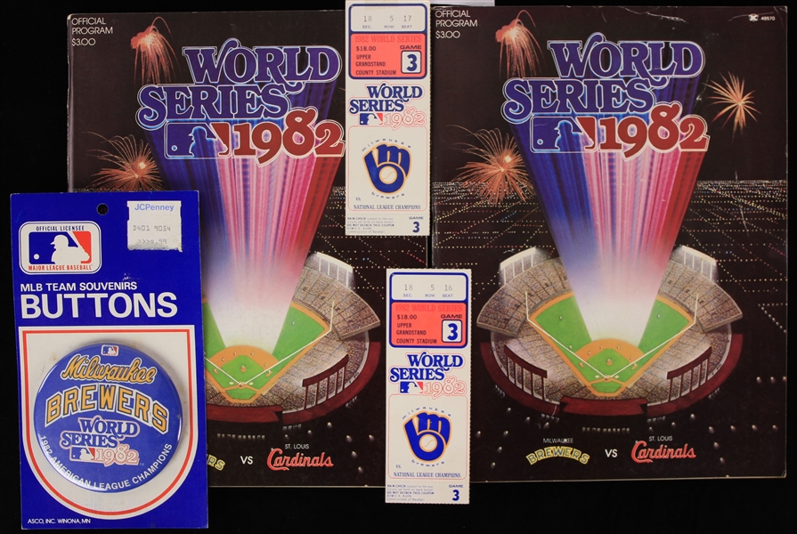 1982 Milwaukee Brewers World Series Memorabilia Collection - Lot of 5 w/ Tickets Stubs, Programs & MOC Pinback Button