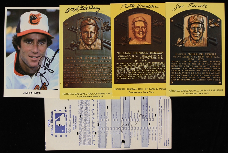 1980s Signed Yellow Hall of Fame Postcards - Lot of 5 w/ Billy Hermann, Joe Sewell & Bill Terry (JSA)
