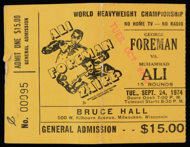 1974 George Foreman Muhammad Ali World Heavyweight Championship Closed Circuit Viewing Ticket Stub
