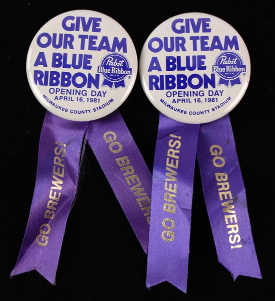 1981 Milwaukee Brewers Opening Day Give Our Team A Blue Ribbon 2.25" PBR Pinback Buttons w/ Ribbons - Lot of 2
