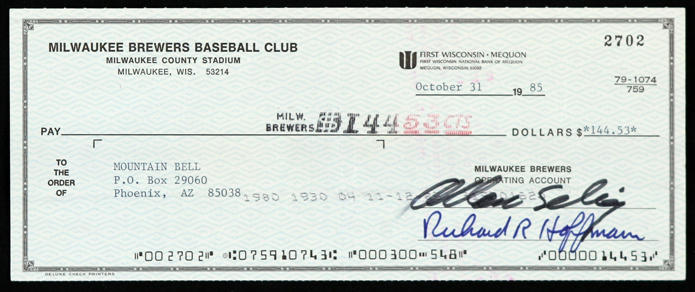 1985 Bud Selig Milwaukee Brewers Signed Check