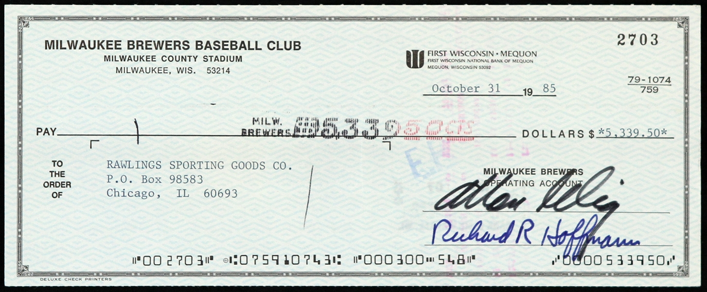 1985 Bud Selig Milwaukee Brewers Signed Check 