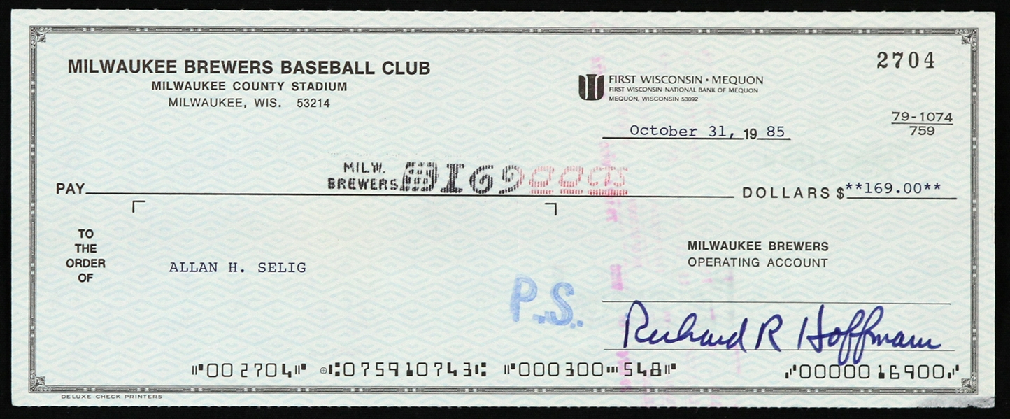 1985 Bud Selig Milwaukee Brewers Signed Check 