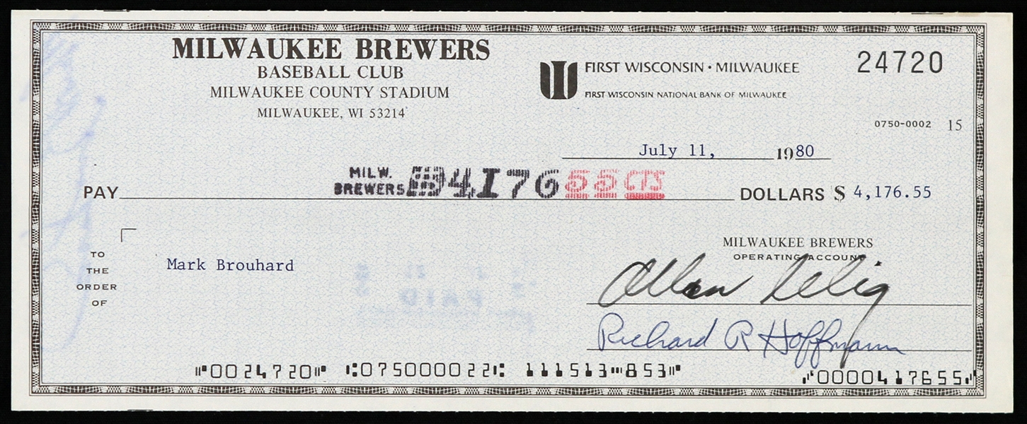 1980 Bud Selig / Mark Brouhard Milwaukee Brewers Signed Check