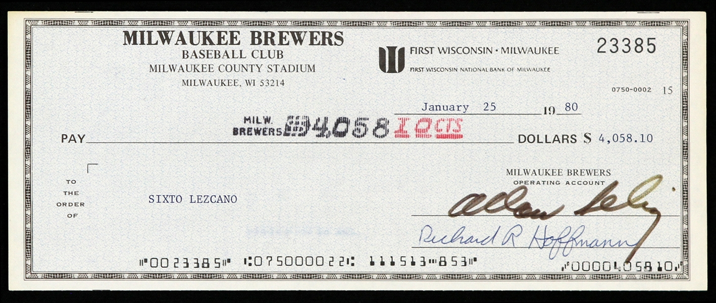 1980 Bud Selig / Sixto Lezcano Milwaukee Brewers Signed Check 
