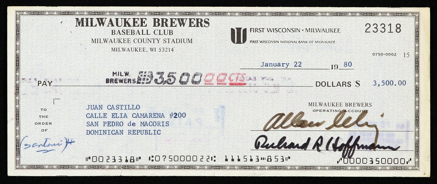 1980 Bud Selig / Juan Castillo Milwaukee Brewers Signed Check 