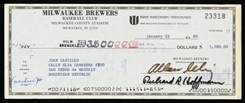 1980 Bud Selig / Juan Castillo Milwaukee Brewers Signed Check 