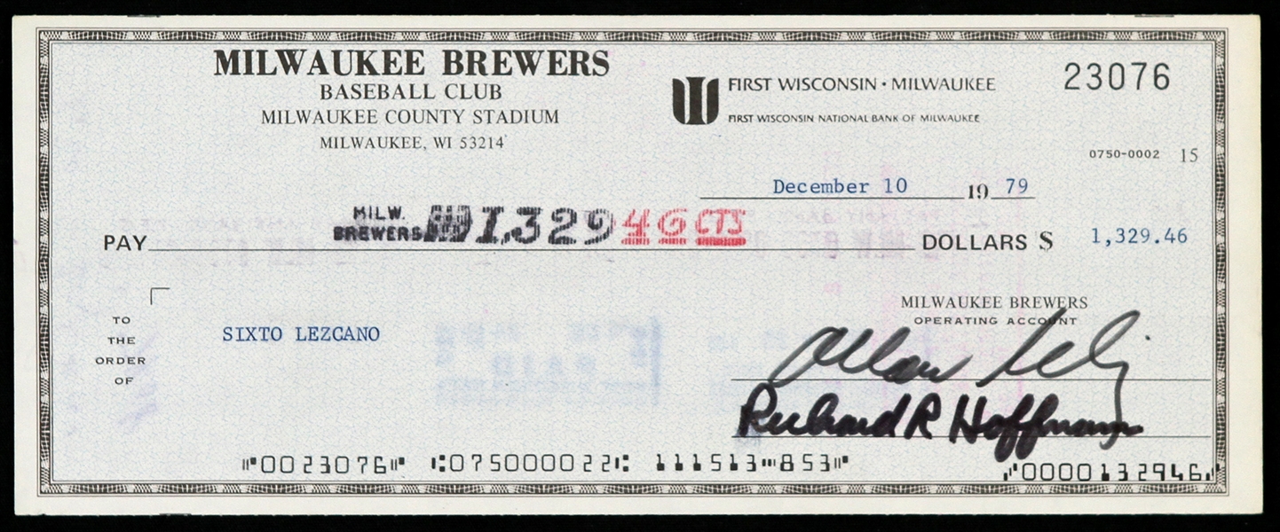 1979 Bud Selig / Sixto Lezcano Milwaukee Brewers Signed Check 