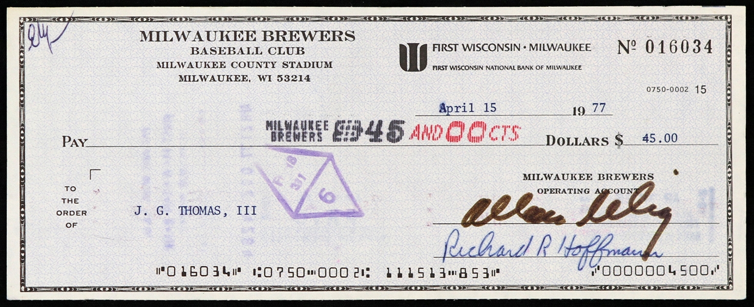 1977 Bud Selig / J.G. Thomas III Milwaukee Brewers Signed Check 