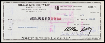 1978 Bud Selig / Andrew Etchebarren Milwaukee Brewers Signed Check 