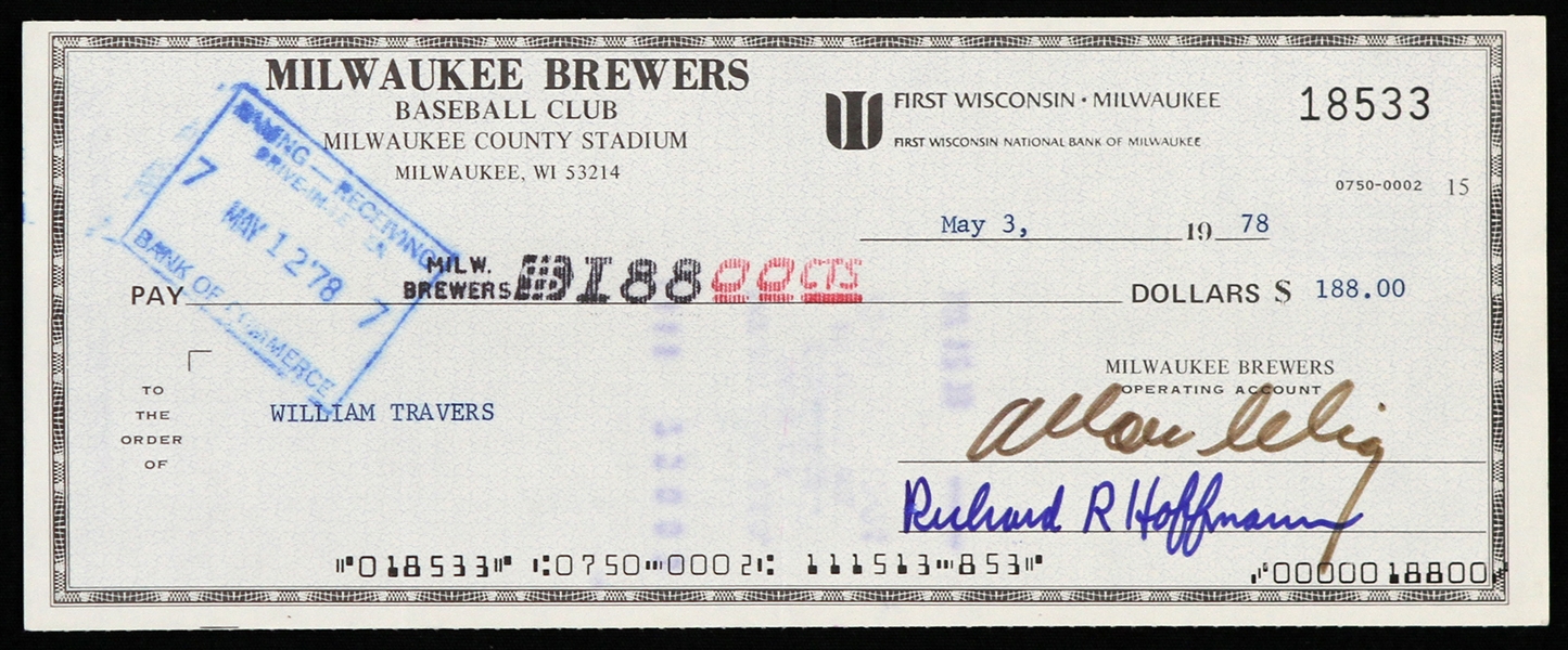 1978 Bud Selig / William Travers Milwaukee Brewers Signed Check 