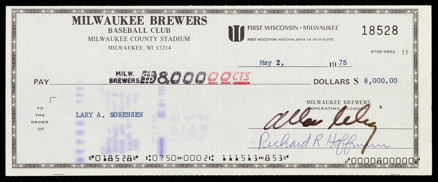 1978 Bud Selig / Lary Sorensen Milwaukee Brewers Signed Check 