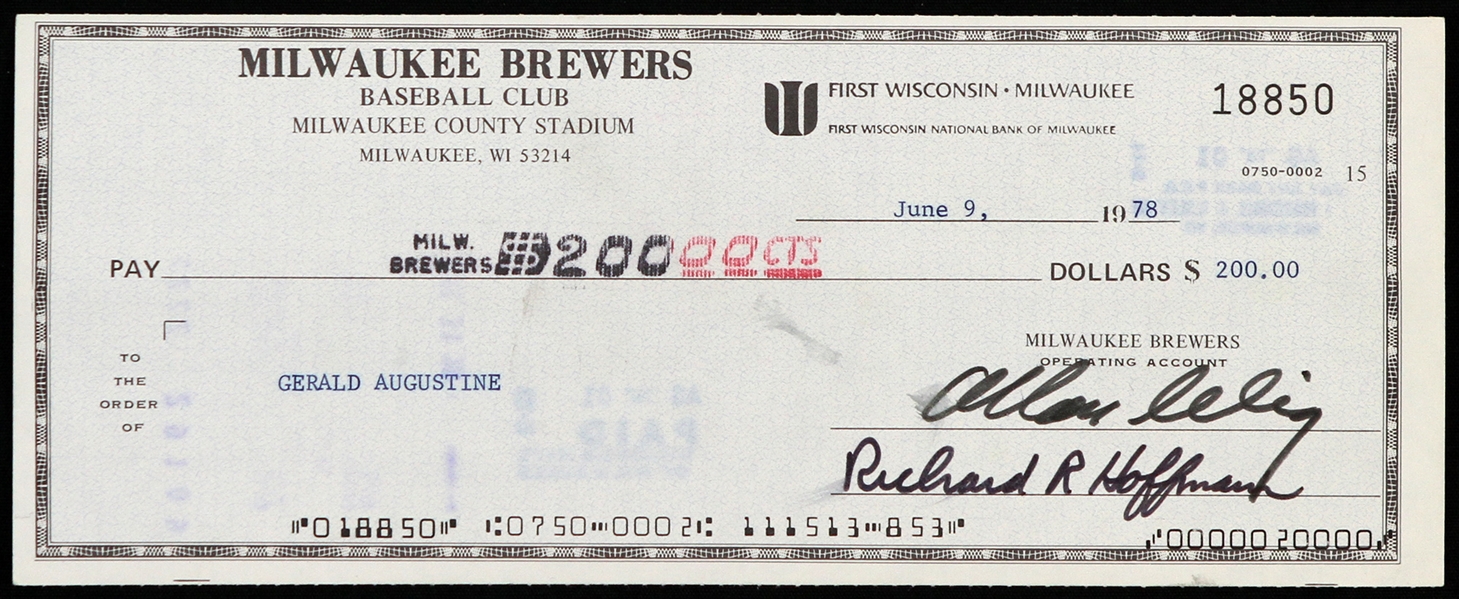 1978 Bud Selig / Gerald Augustine Milwaukee Brewers Signed Check 