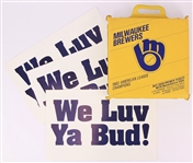 1980s-90s Milwaukee Brewers Memorabilia - Lot of 4 w/ 1982 AL Champions Seat Cushion & We Luv Ya Bud! / Build It Now! Placards