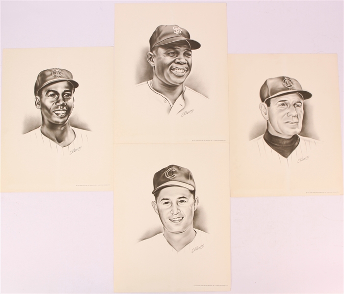 1966 Willie Mays Ernie Banks Leo Durocher Ron Santo 11" x 14" Barney Sterling & Associated Lithographs - Lot of 4